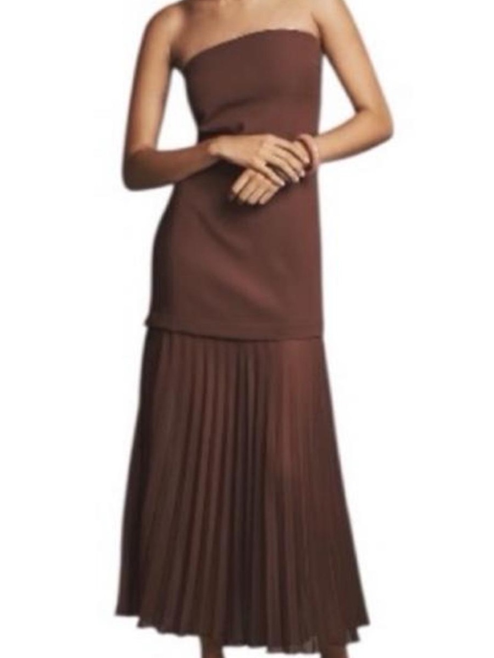 Anthropologie Strapless Twofer Pleated Midi Brown Dress